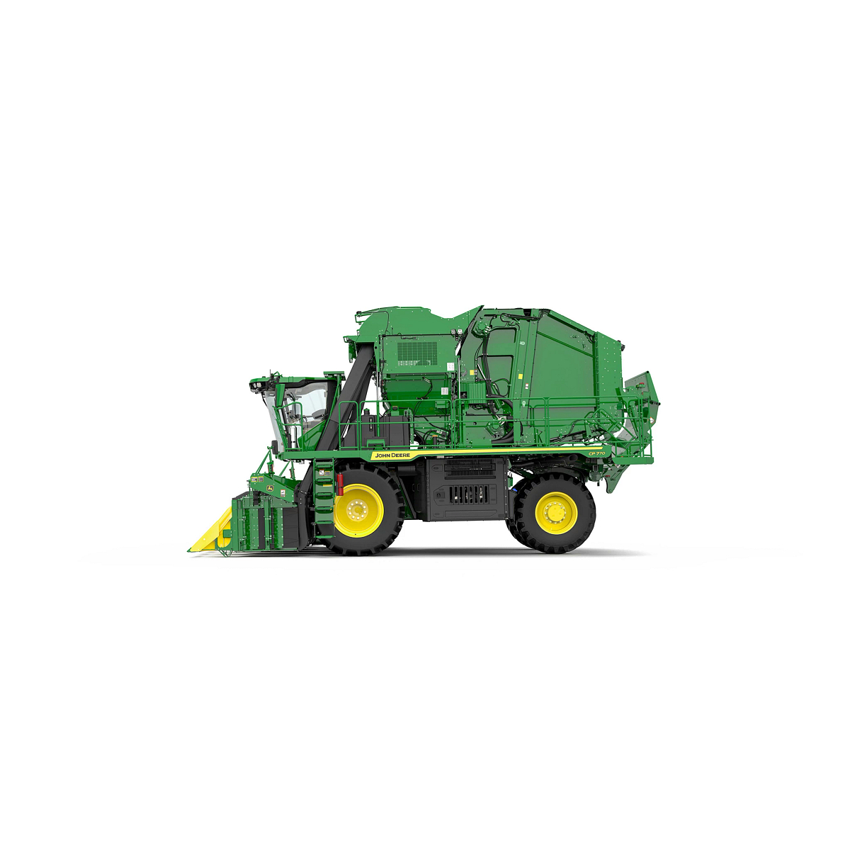 Green CP770 Cotton Picker with a multi-row yellow crop header, shown from the left side on a white background.
