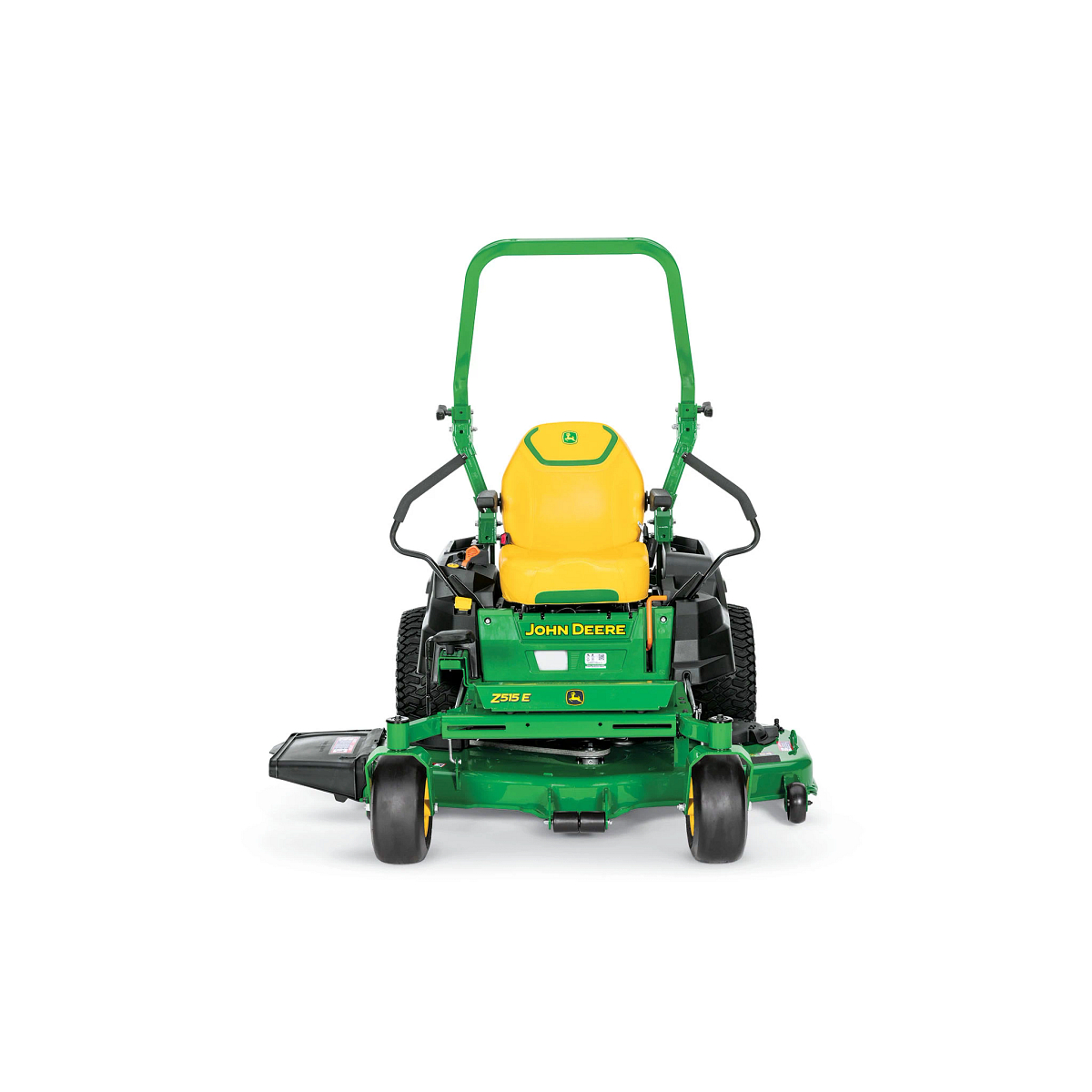 A front-facing studio shot of a green zero-turn mower on a white background.