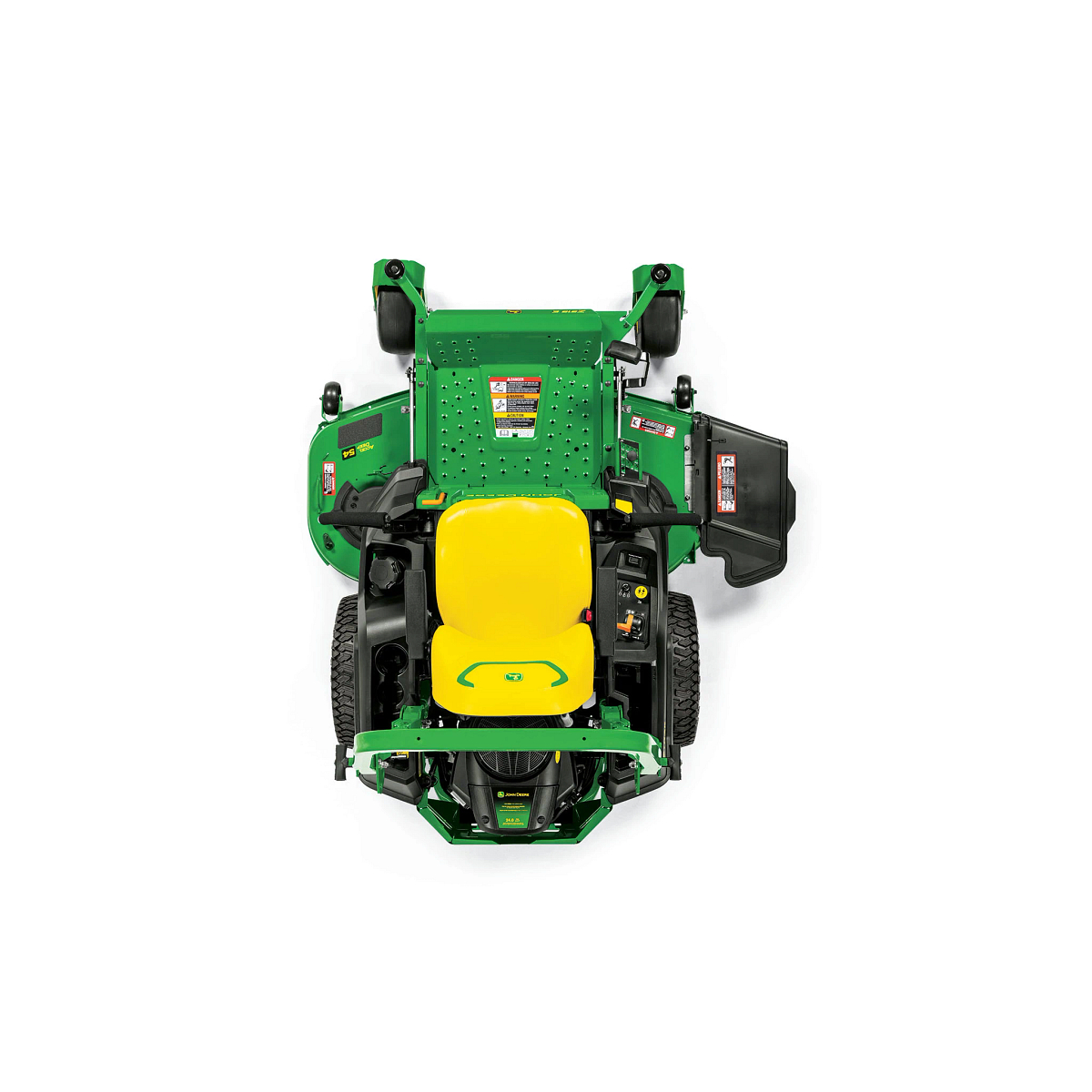 A top-down-facing studio shot of a green zero-turn mower on a white background.