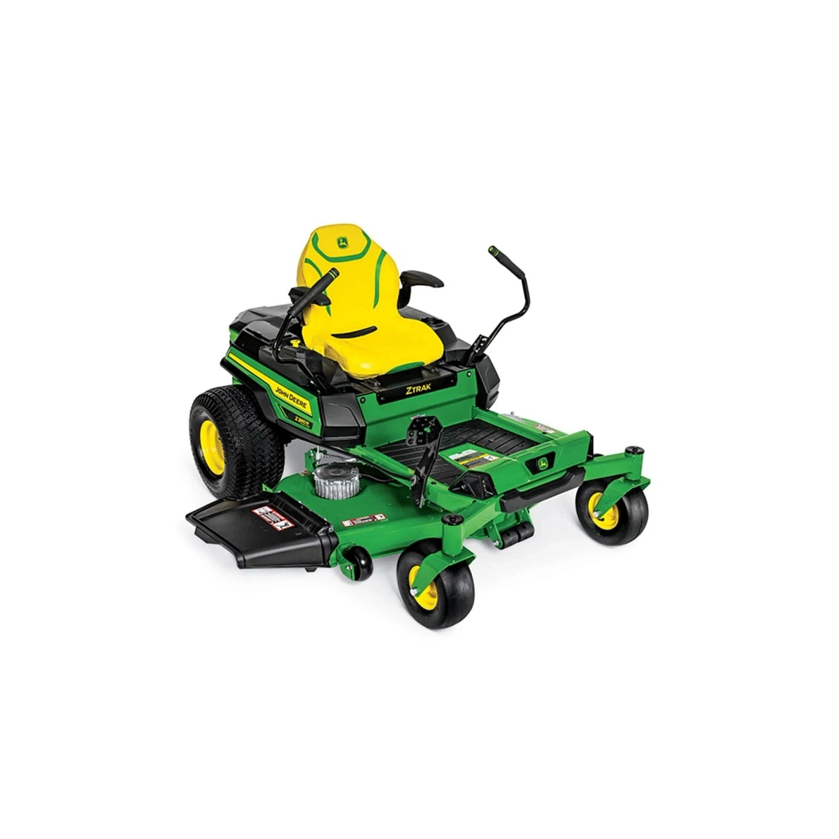 John Deere ZTrak zero-turn mower with a yellow high-back seat, dual steering levers, and green mowing deck, shown from a front three-quarter angle on a white background