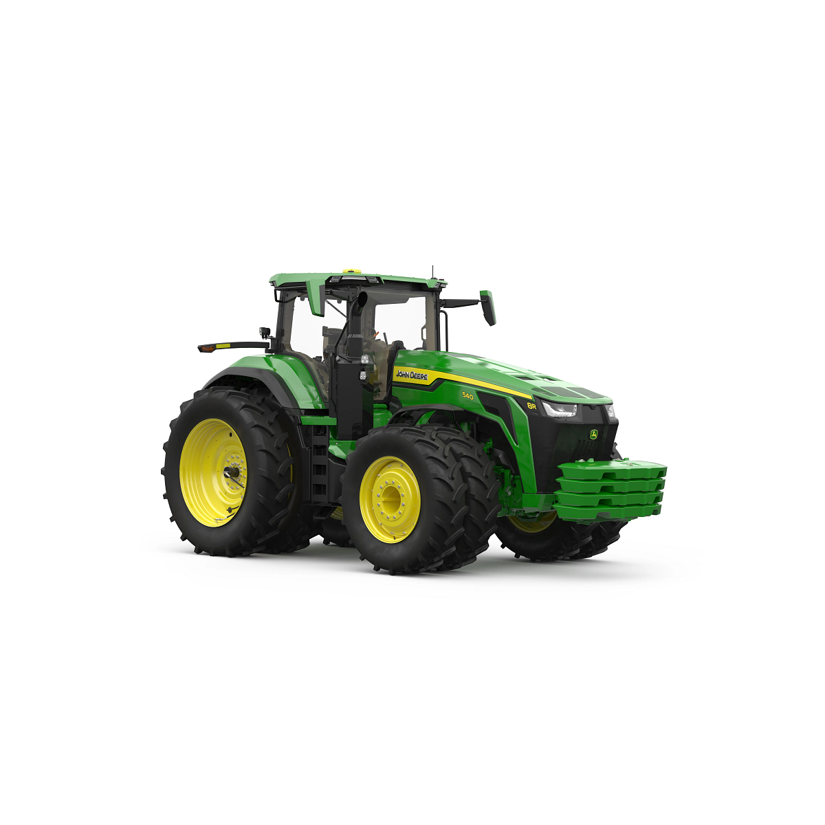 Studio rendering with front right view of 8R 540 Dual Wheel tractor.