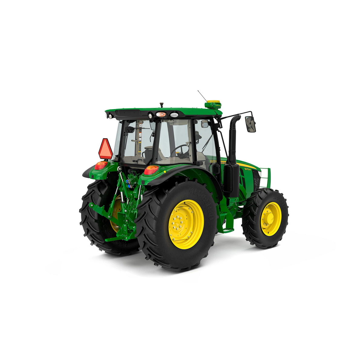 Studio rendering 5075M Cab Tractor from the rear-left angle.