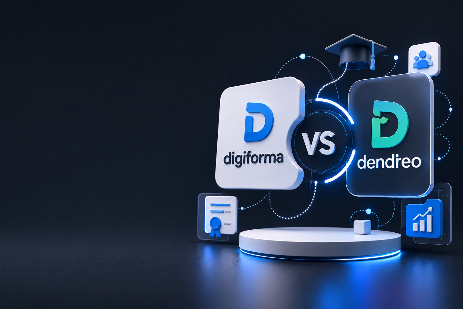Illustration 3D comparant les logiciels Digiforma et Dendreo pour organismes de formation, deux logos face à face sur fond bleu nuit