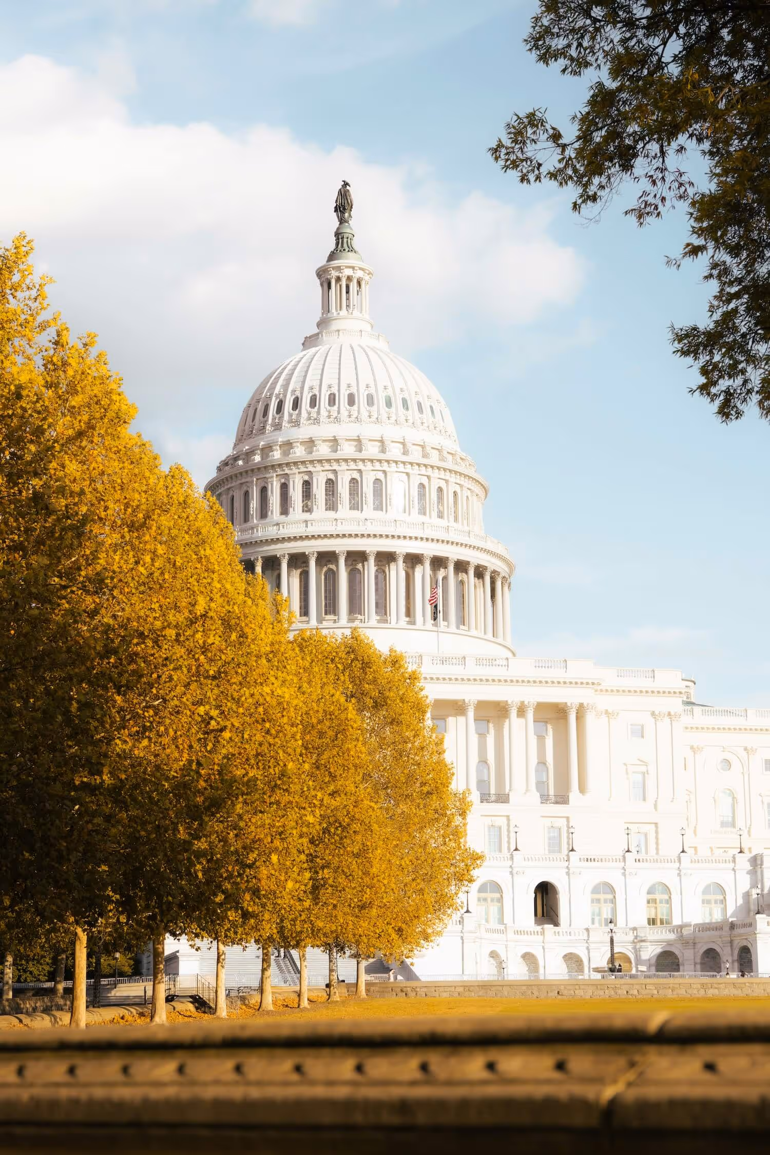 US Capitol building dome with autumn trees in the foreground under a partly cloudy sky.