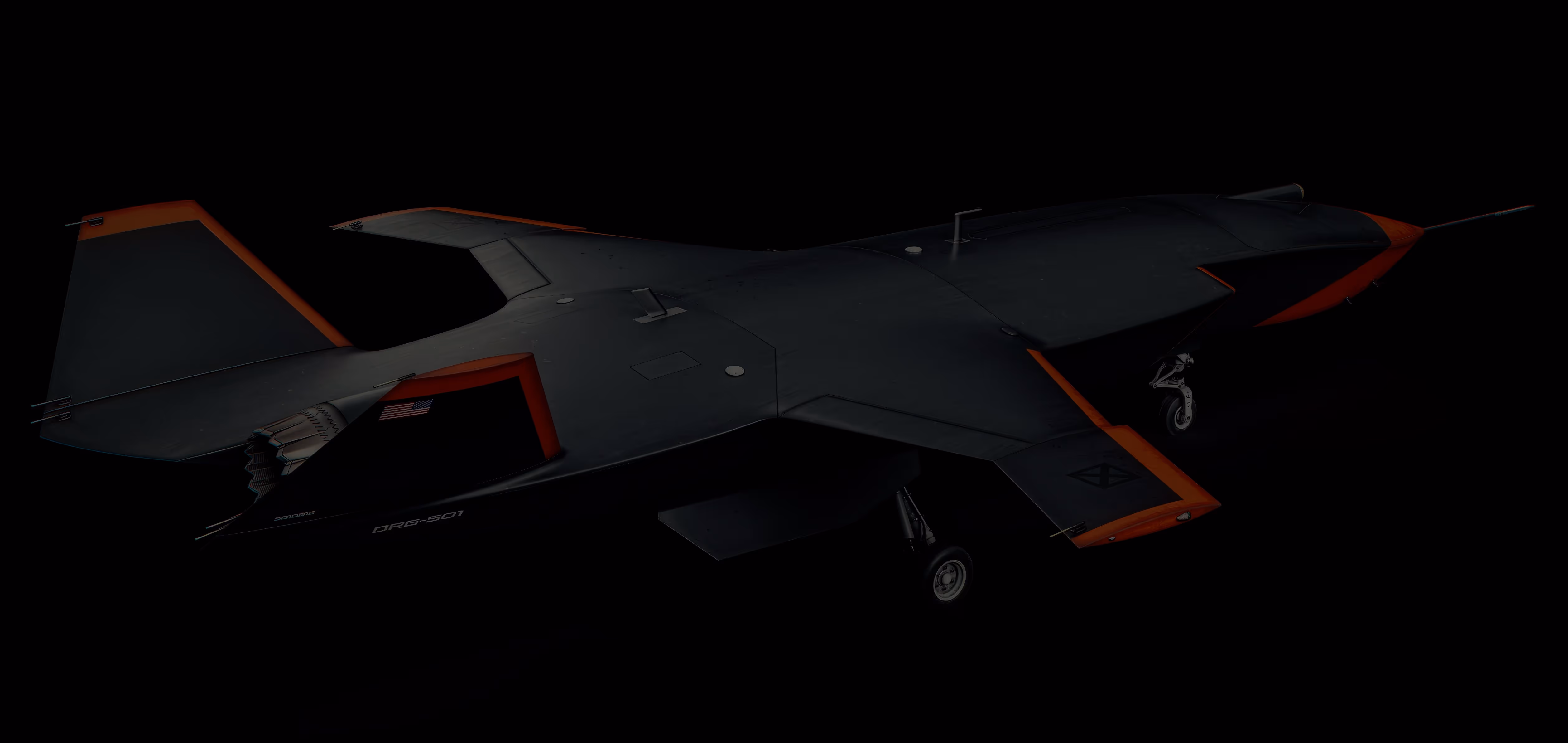 Military drone aircraft with black body and orange accents on wings and tail, visible landing gear, and an American flag decal.