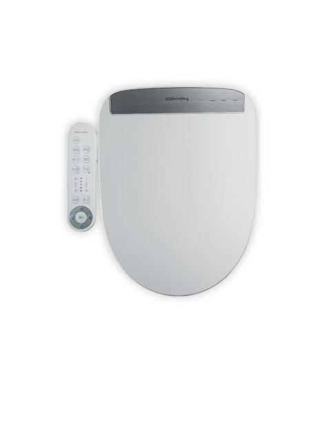 Top view of a modern white Coway BAS-22 self cleaning bidet toilet seat with attached control panel.