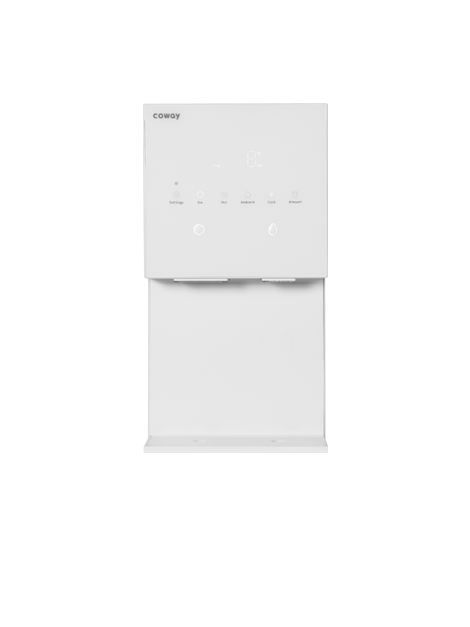 Front view of a modern white Coway CHPI-5720L water purifier with touch buttons for settings, ice, hot, ambient, cold, and amount.