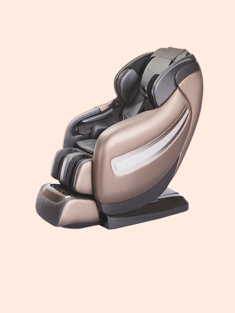 Modern beige and gray Coway CM-9000 massage chair with multiple cushions and footrest on a light background.