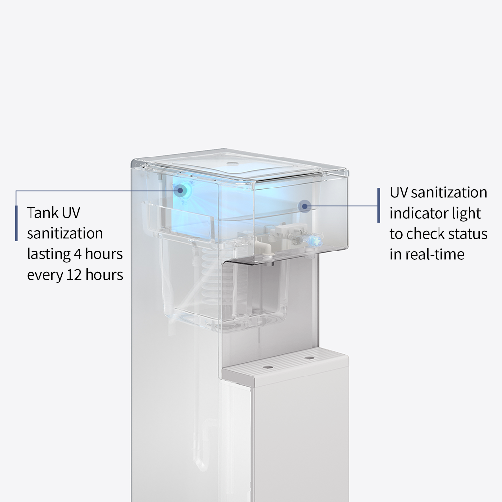 Transparent CHP-5722L water purifier tank with labels showing UV sanitization lasting 4 hours every 12 hours and UV sanitization indicator light for real-time status.