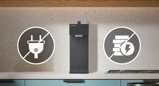 Black Coway P-2211N water purifier on a kitchen counter, flanked by icons indicating no electric plug and no battery required.