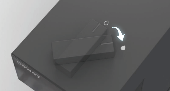 Close-up of Coway P-2211N water purifier with a touch control panel showing water drop and arrow icons.