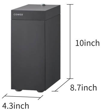 Black Coway P-2211N water purifier with dimensions 10 inches height, 8.7 inches depth, and 4.3 inches width.