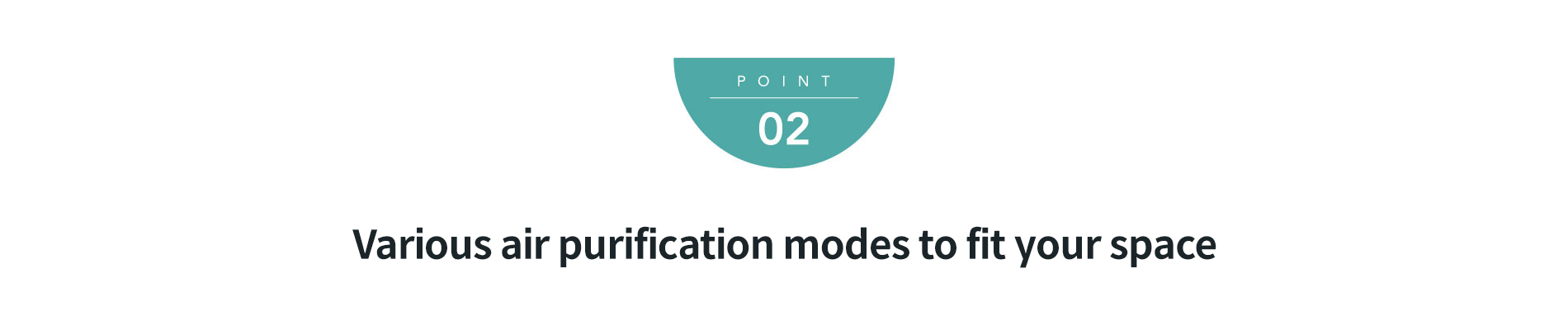 Graphic with the label 'Point 02' above the text 'Various air purification modes to fit your space'.