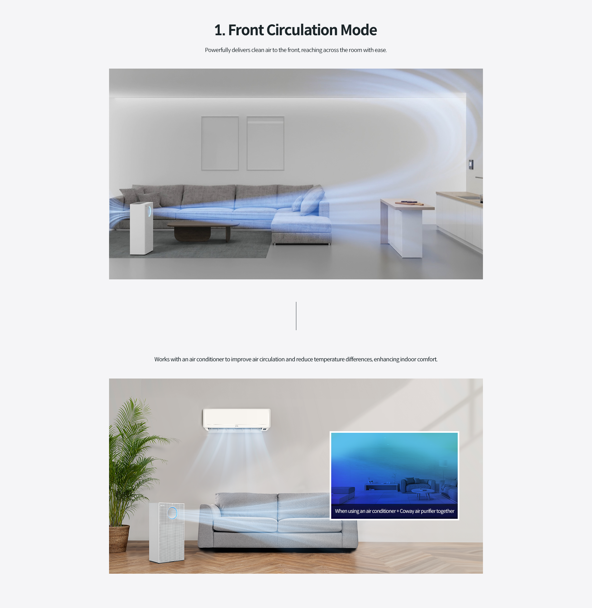 Top image: Coway AP-1523D air purifier in a modern living room blowing clean air towards a sofa, showing air circulation reaching across the room. Bottom image: Air purifier and wall-mounted air conditioner working together to improve air circulation and comfort in a living room.
