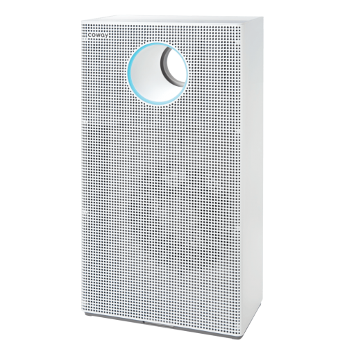Coway AP-1523D air purifier with a rectangular white body, perforated front panel, and a circular opening with blue light around it.