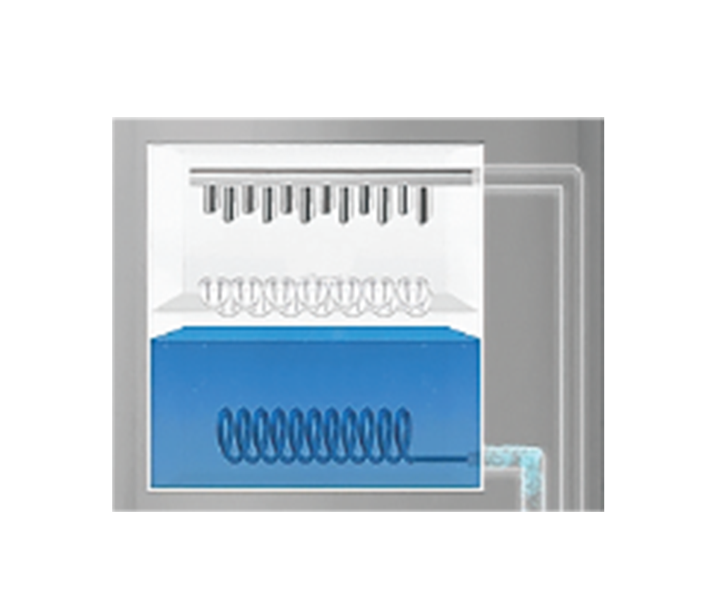 Diagram of Coway CHPI-7520L's cooling system showing a coiled blue water pipe below a set of vertical pipes releasing drops into it.