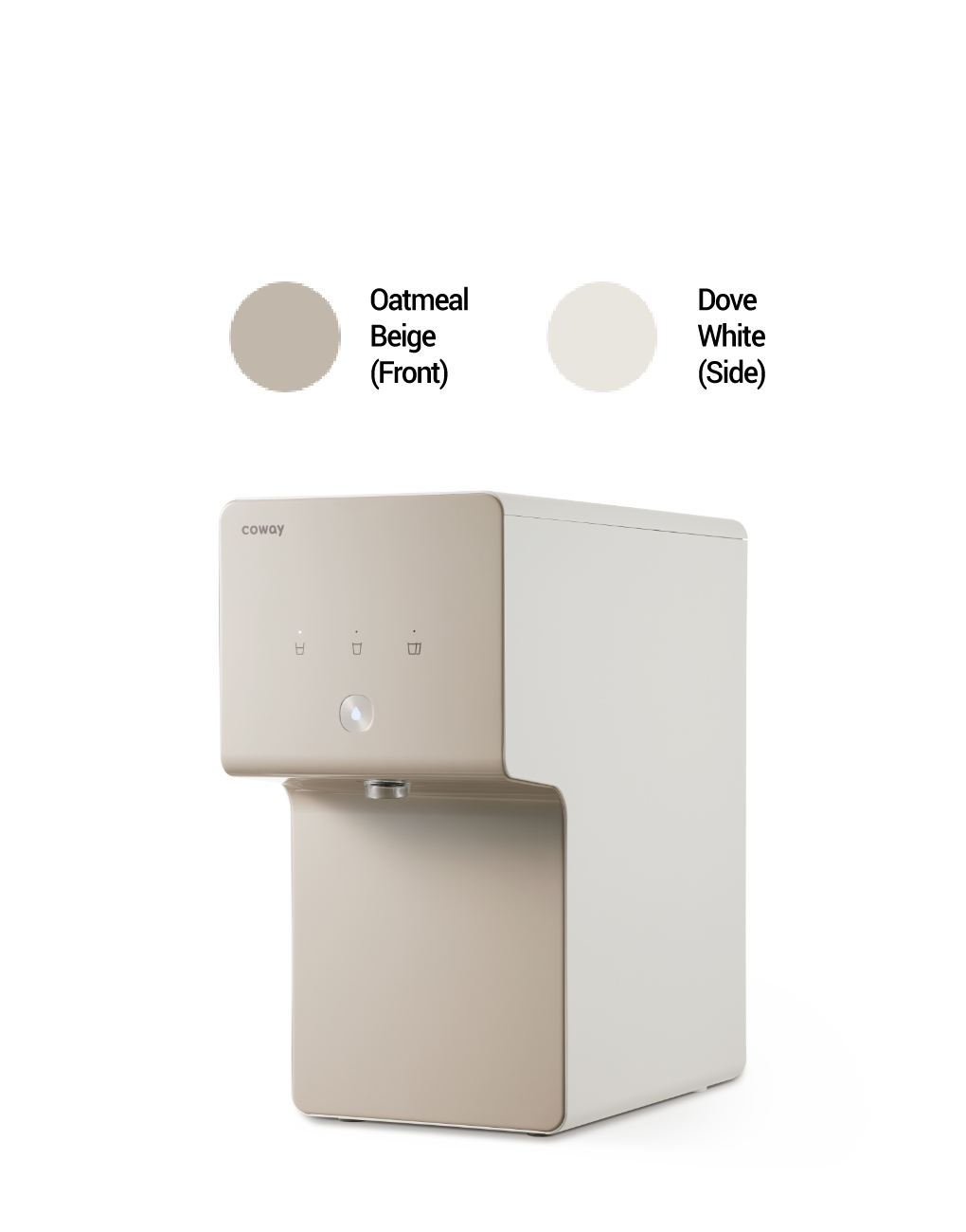 Compact Coway P-6320L water purifier in two-tone beige and white with minimalist control icons on the front panel.
