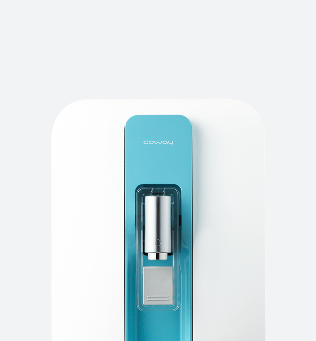 Close-up of Coway P-300L water purifier dispenser nozzle with a blue vertical panel and white housing.