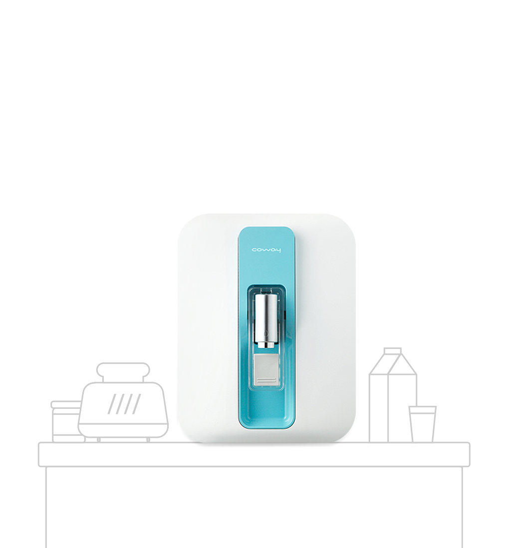 Coway P-300L water purifier with a stainless steel dispenser nozzle.