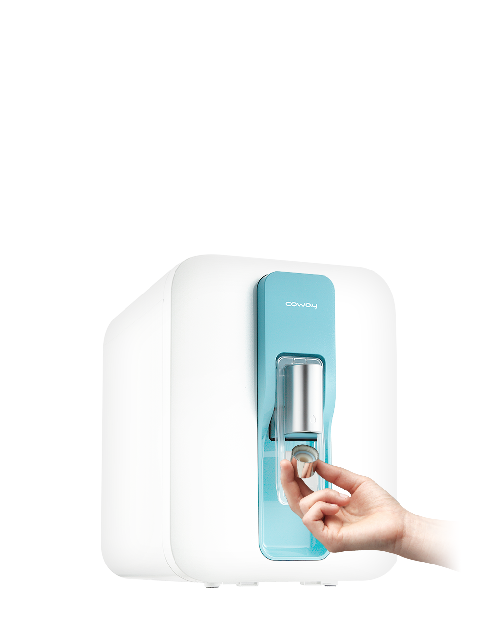 Hand removing a small filter from a compact white and blue Coway P-300L water purifier dispenser.