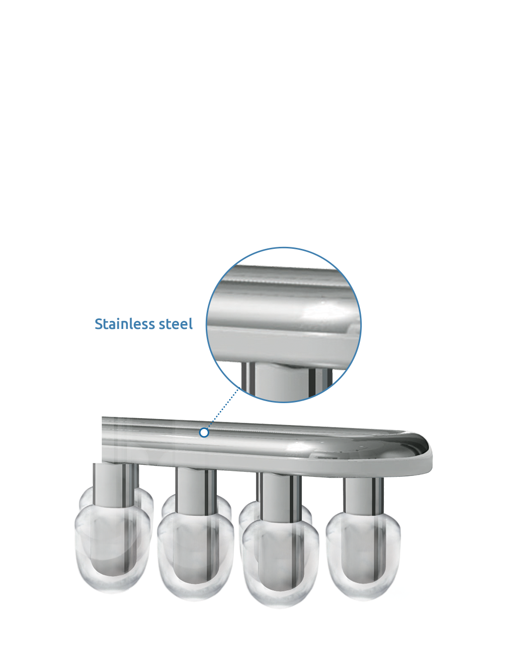 Close-up of a stainless steel rack with four rounded, transparent holders beneath, highlighted with a zoomed-in circle.
