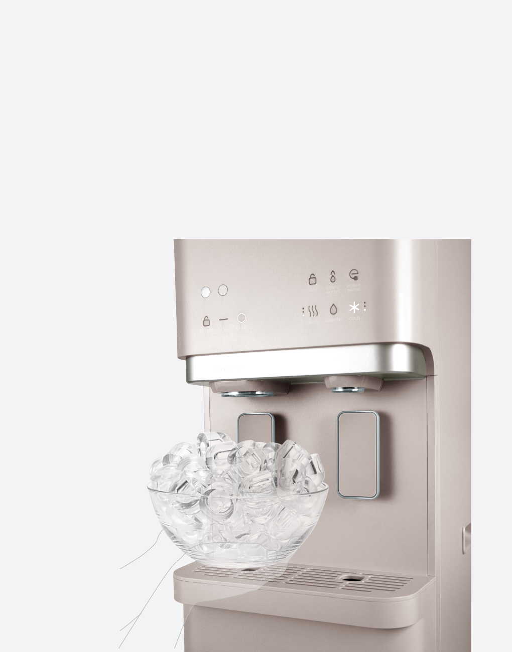 Close-up of Coway CHPI-620L-plus water purifier with two water outlets and a glass bowl filled with ice cubes on the drip tray.