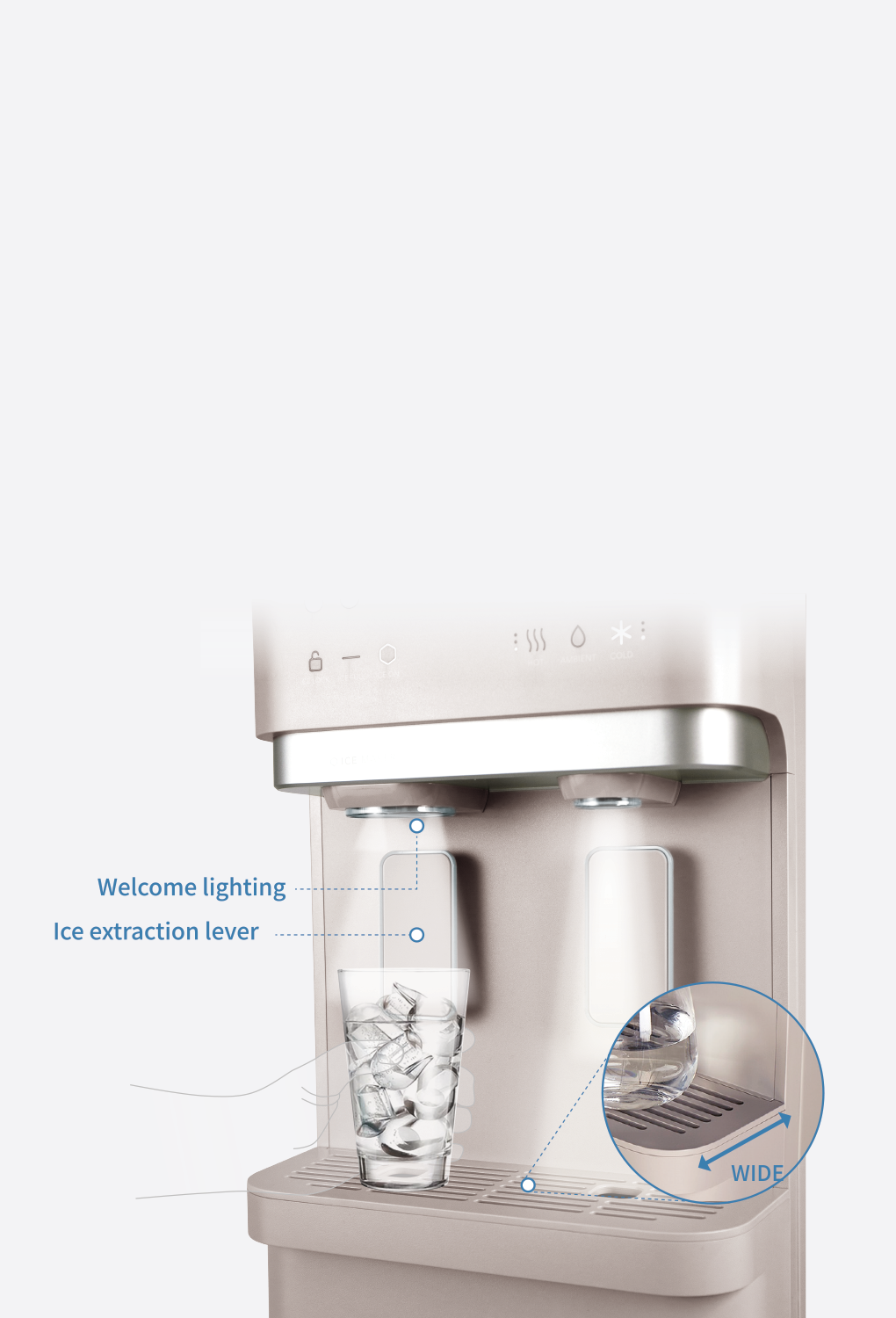 Close-up of Coway CHPI-620L-plus water purifier  with a glass of ice cubes, highlighting the welcome lighting, ice extraction lever, and a wide drip tray.