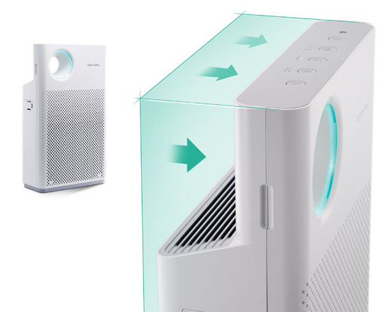 White Coway AP-1018F air purifier showing air intake and output with blue arrows indicating airflow direction.