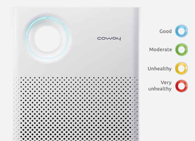 Coway AP-1018F air purifier displaying an air quality indicator with color codes: blue for Good, green for Moderate, yellow for Unhealthy, and red for Very unhealthy.