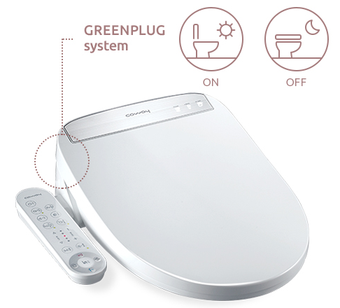 Coway BAS-22 bidet with remote control and GREENPLUG system icons indicating ON during the day and OFF at night.