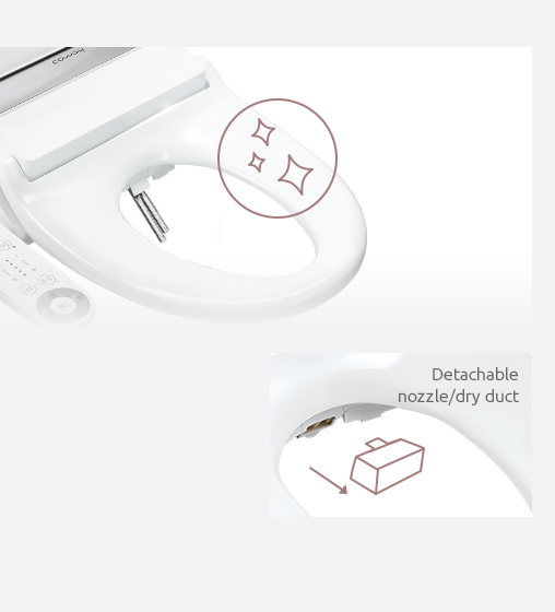 Coway BAS-22 bidet toilet seat highlighting its clean surface and detachable nozzle with dry duct.