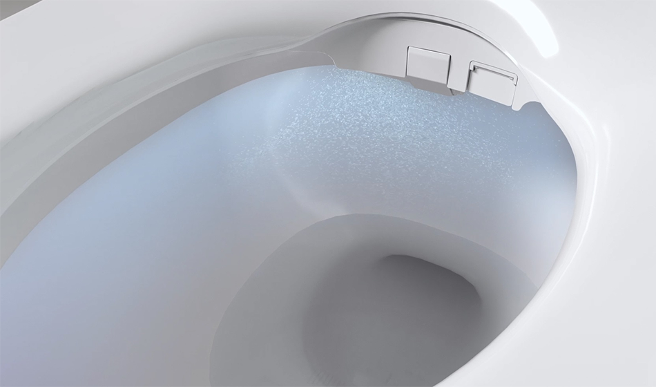 Close-up of a clean BA-42A bidet toilet bowl with a blue light illuminating the water inside.