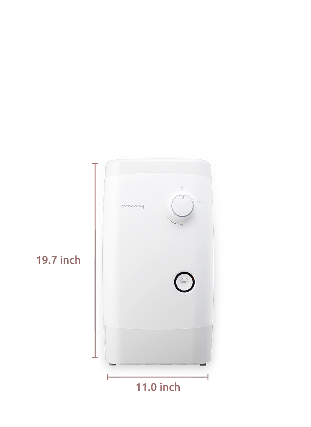 Coway BB-14bus water softener with height of 19.7 inches and width of 11.0 inches, featuring two control dials on the front.