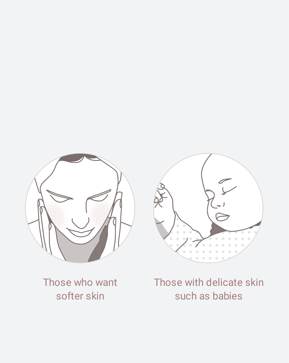 Illustrations of a person gently touching their cheeks and a sleeping baby, indicating care for softer and delicate skin.