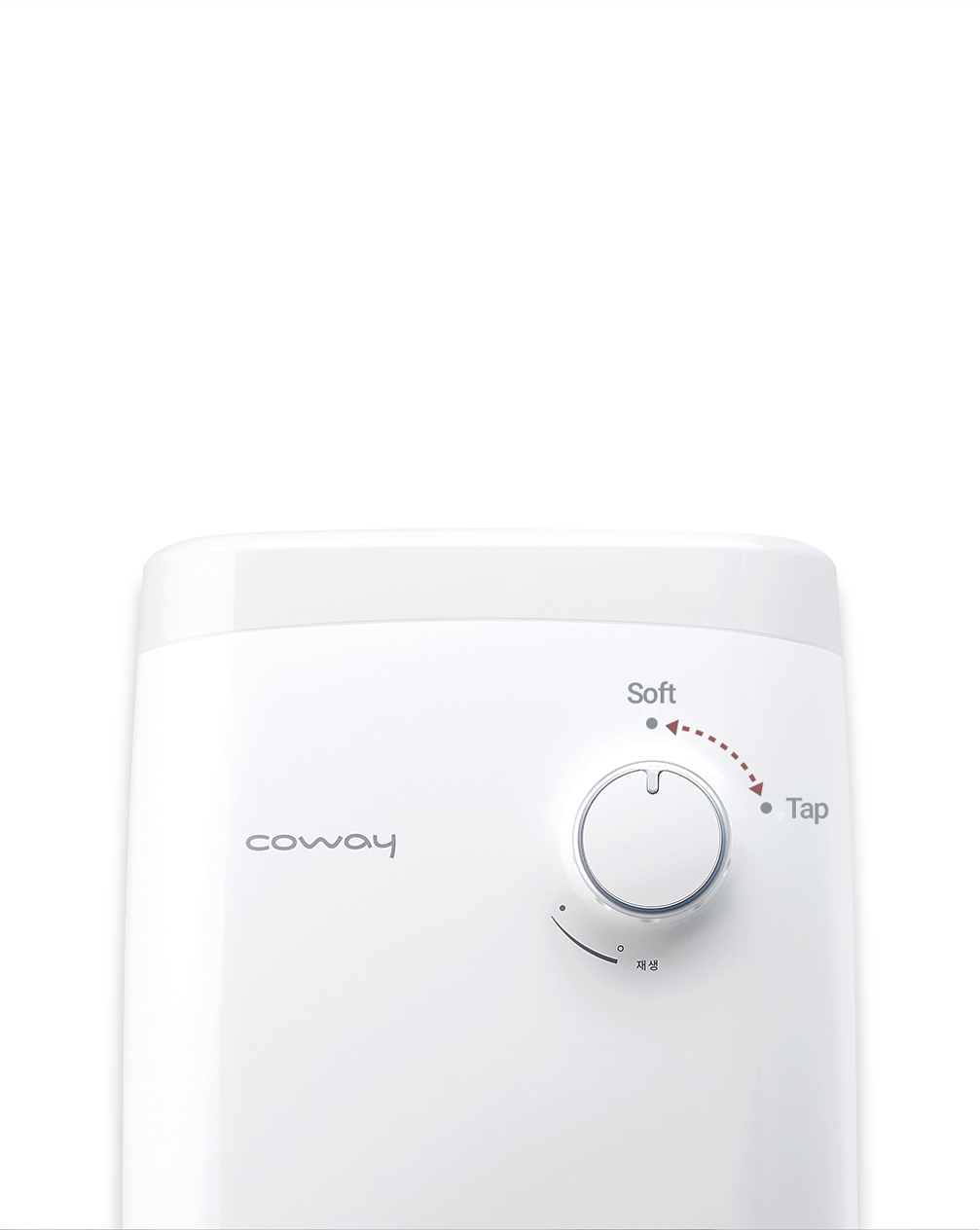 Close-up of a Coway BB-14bus water softener with a control knob labeled Soft and Tap.