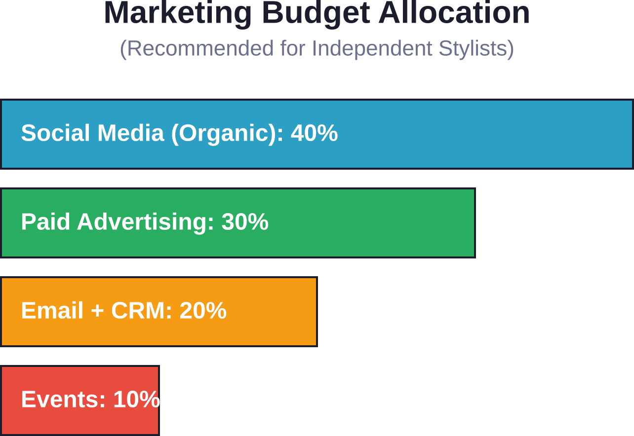 Recommended marketing budget allocation balances free organic tactics with paid amplification, prioritizing time-efficient channels that deliver measurable bookings.