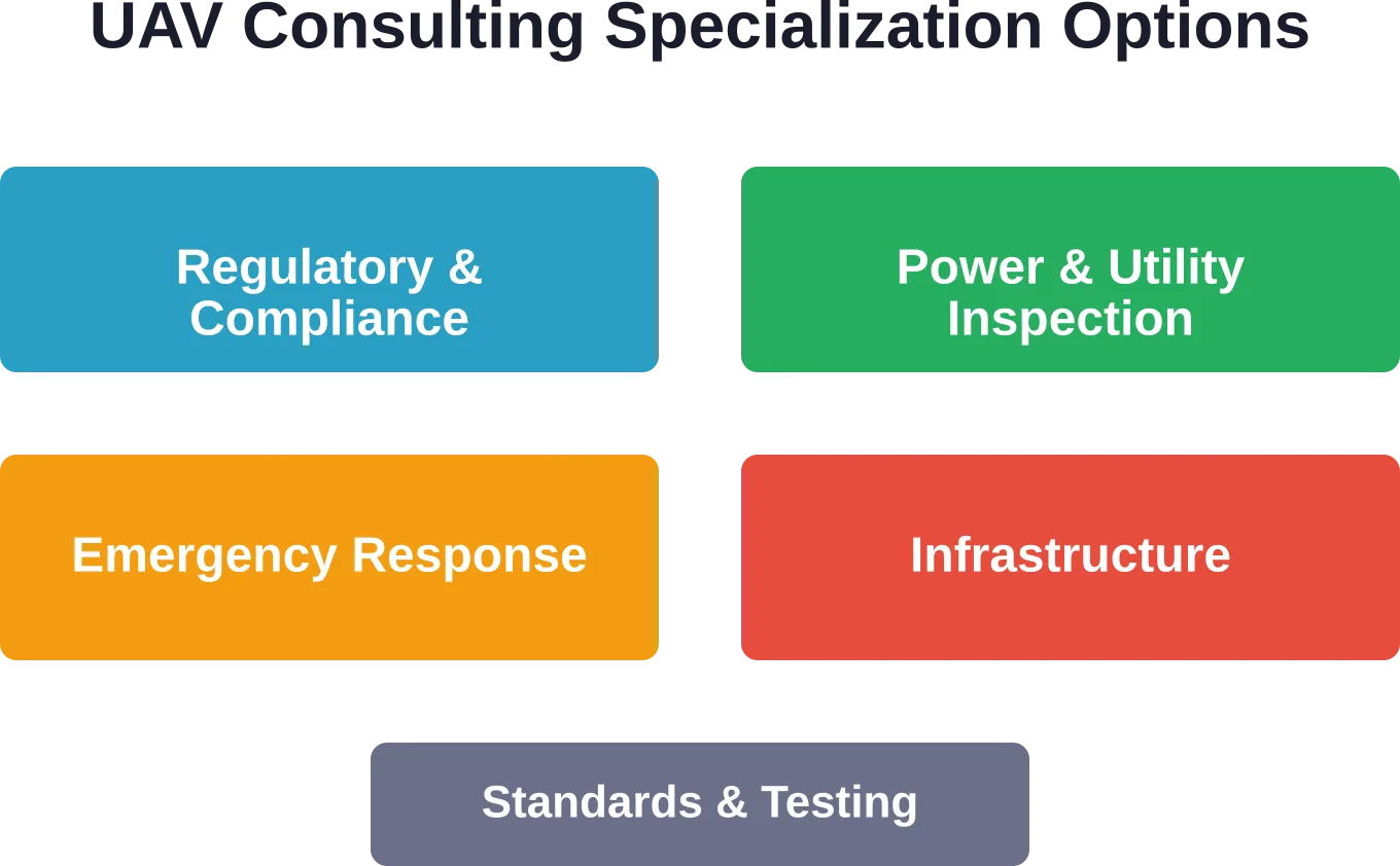 Five high-value specialization pathways for UAV consulting practices, each addressing specific regulatory or technical challenges.