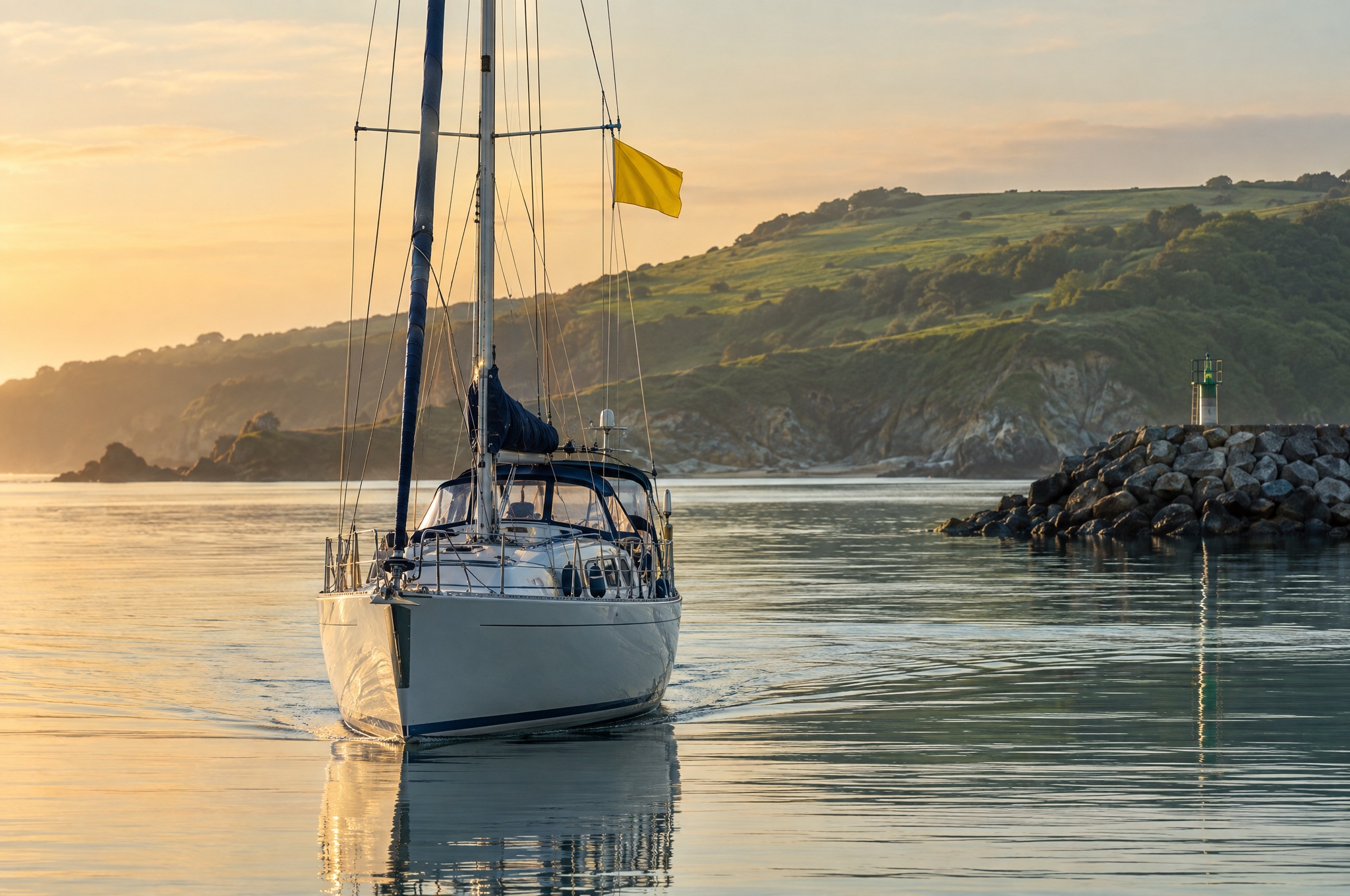 Cruising yacht arriving in harbour flying a yellow Q flag