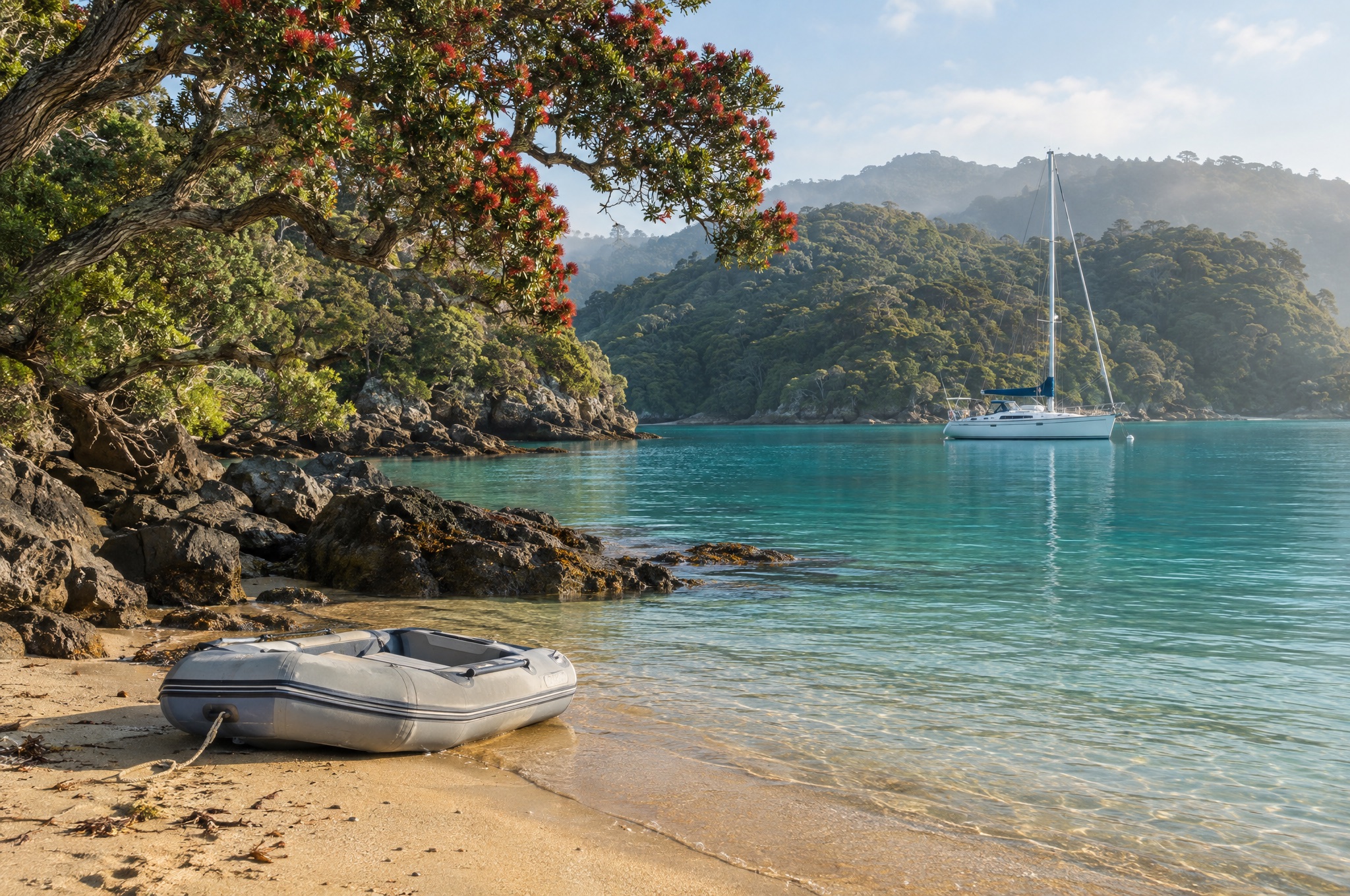 A dinghy on the beach of a bush-clad Hauraki Gulf island, with a yacht at anchor in the bay