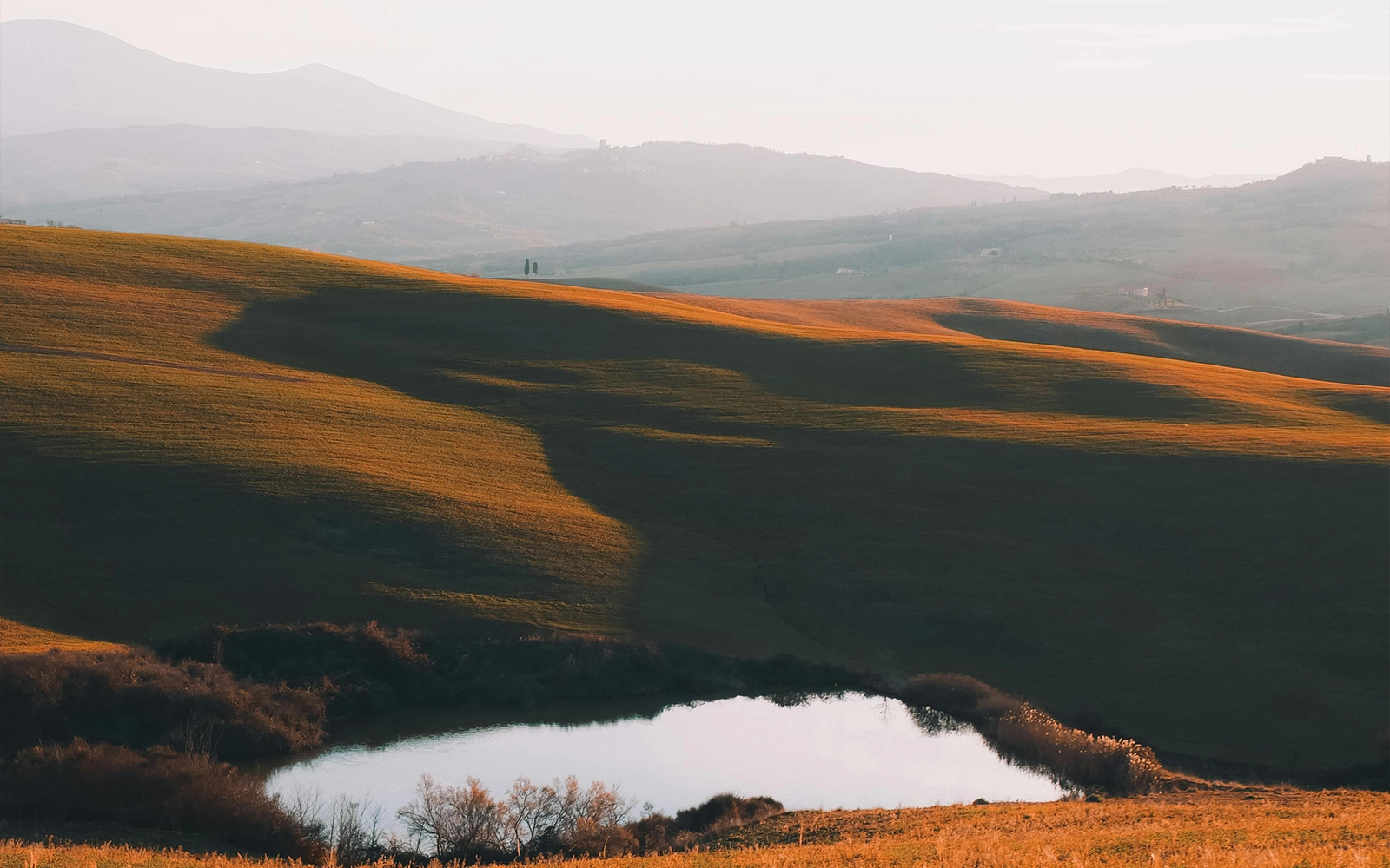 Rolling hills bathed in warm sunlight with a small reflective pond and distant misty mountains.