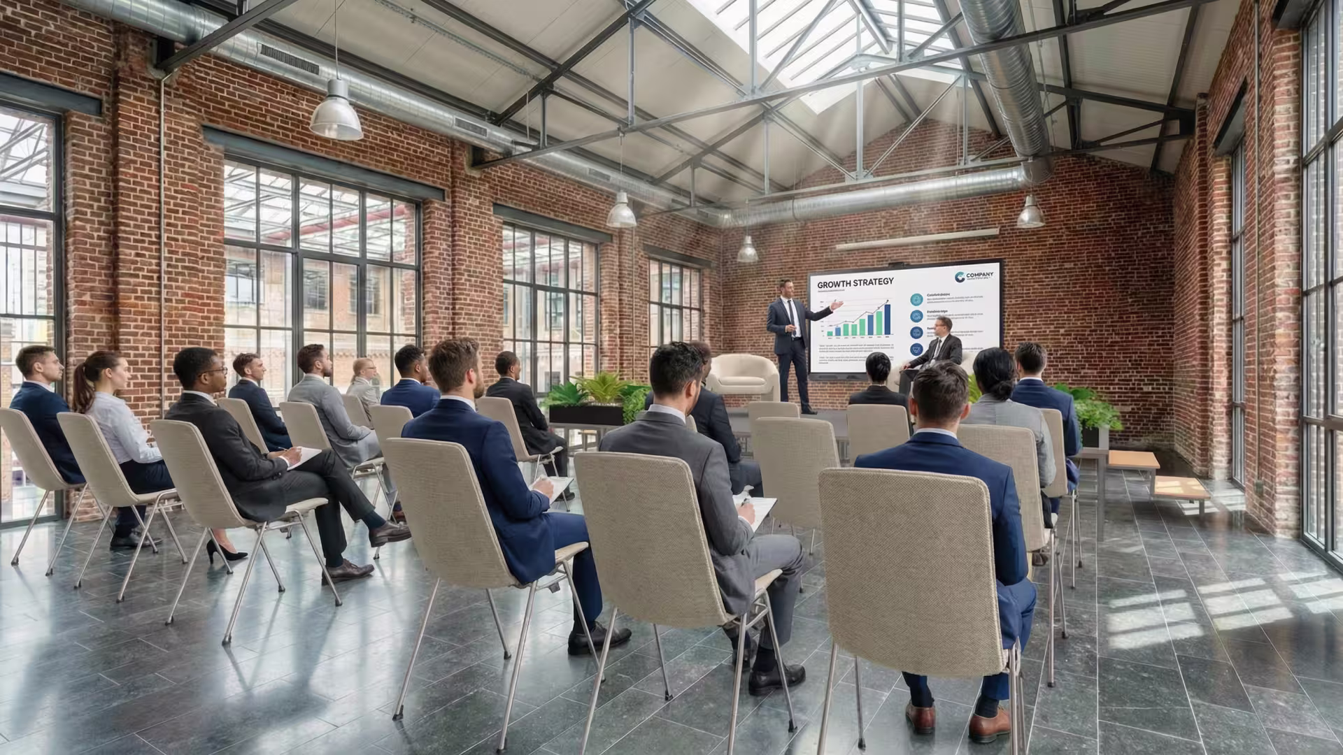 Projection 3D salle de conférence aménagée avec équipement audiovisuel
