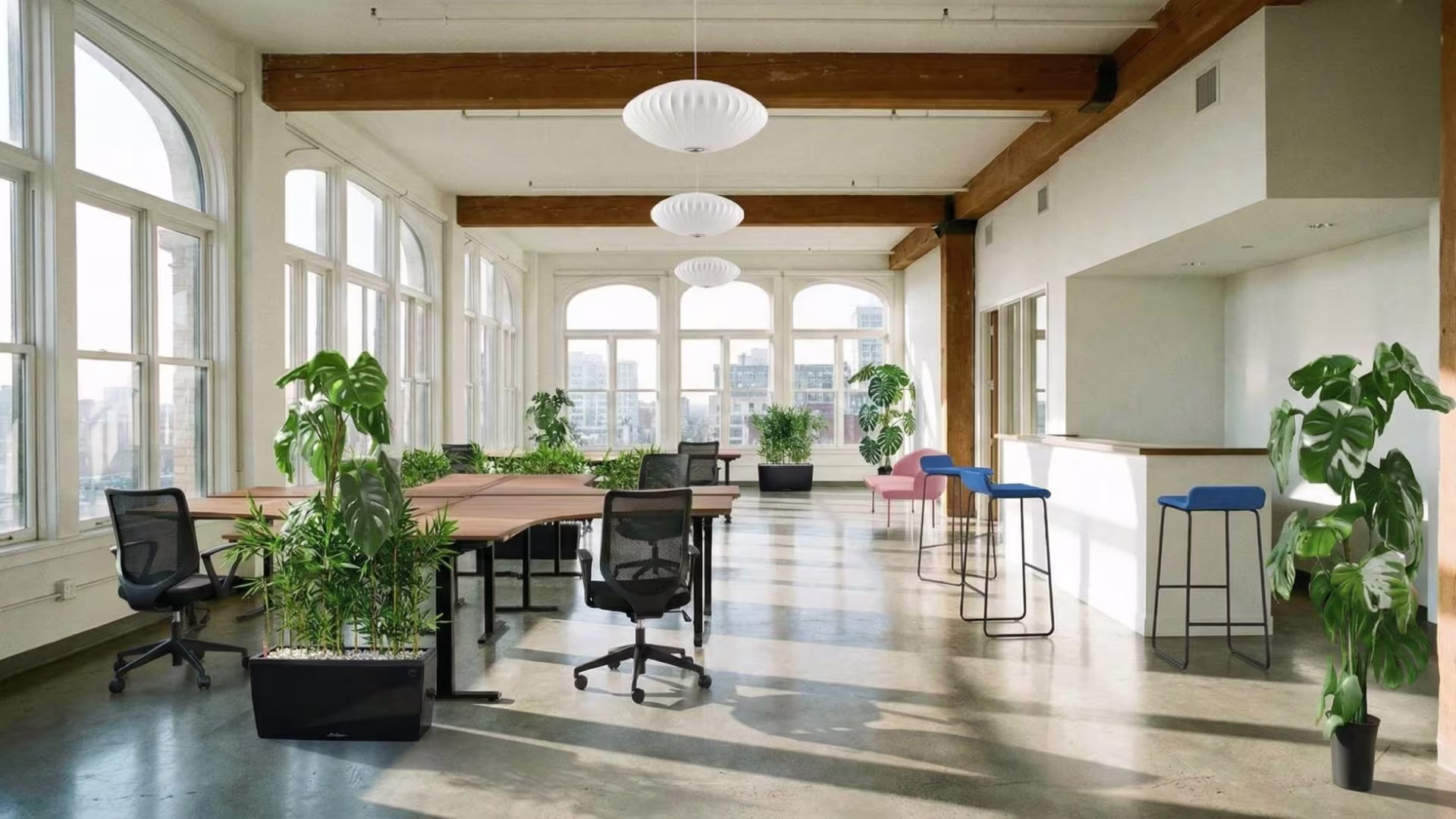 Projection 3D open space aménagé avec bureaux et mobilier