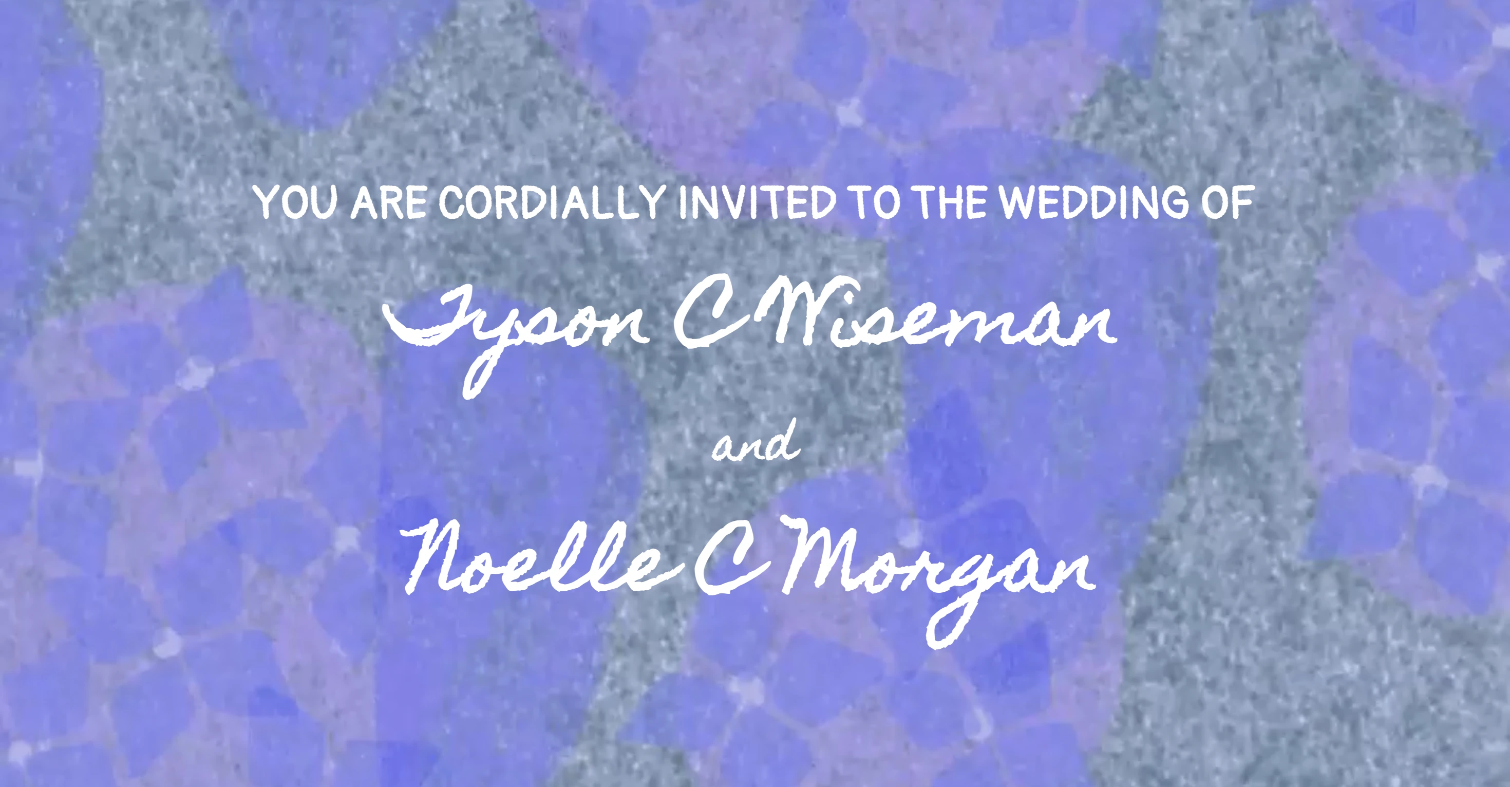 Wedding website hero section with text: ‘You are cordially invited to the wedding of Tyson C Wiseman and Noelle C Morgan’ on a textured purple and gray floral background.