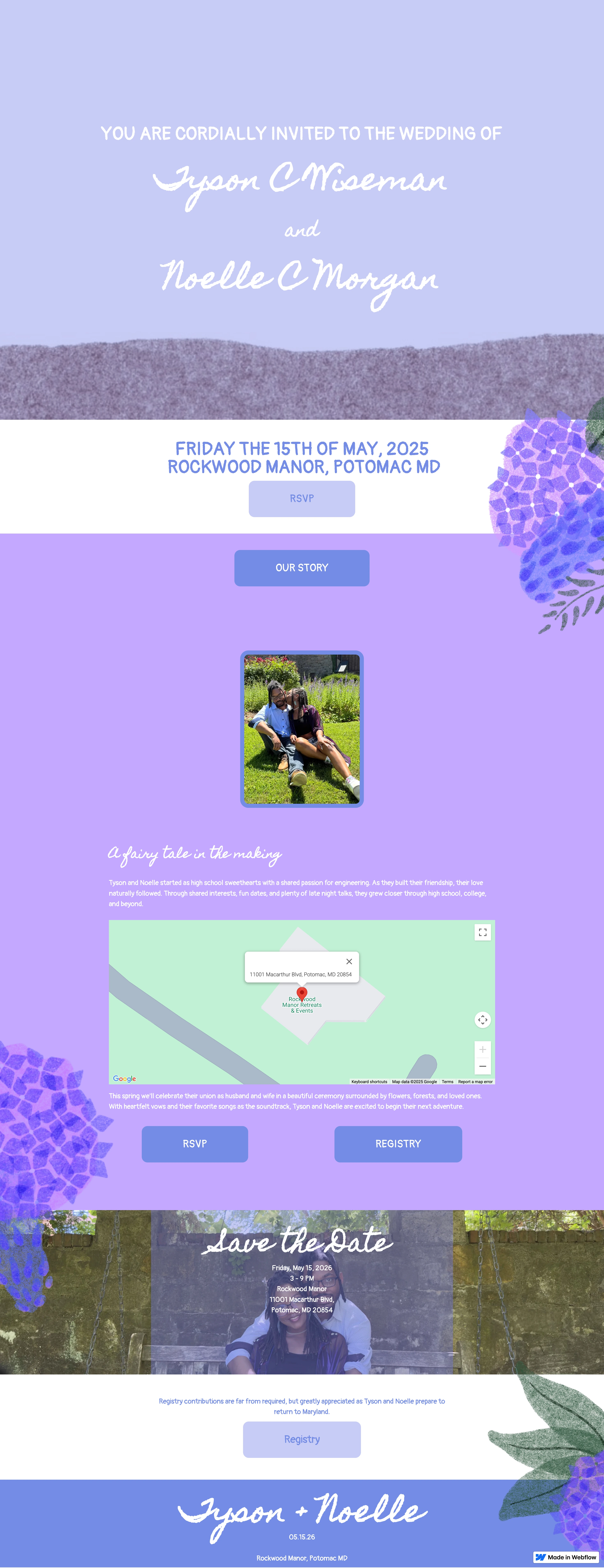 Wedding website screenshot for Tyson C Wiseman and Noelle C Morgan with a photo of the couple seated on grass, a map of the venue, and a save-the-date for May 15, 2026.