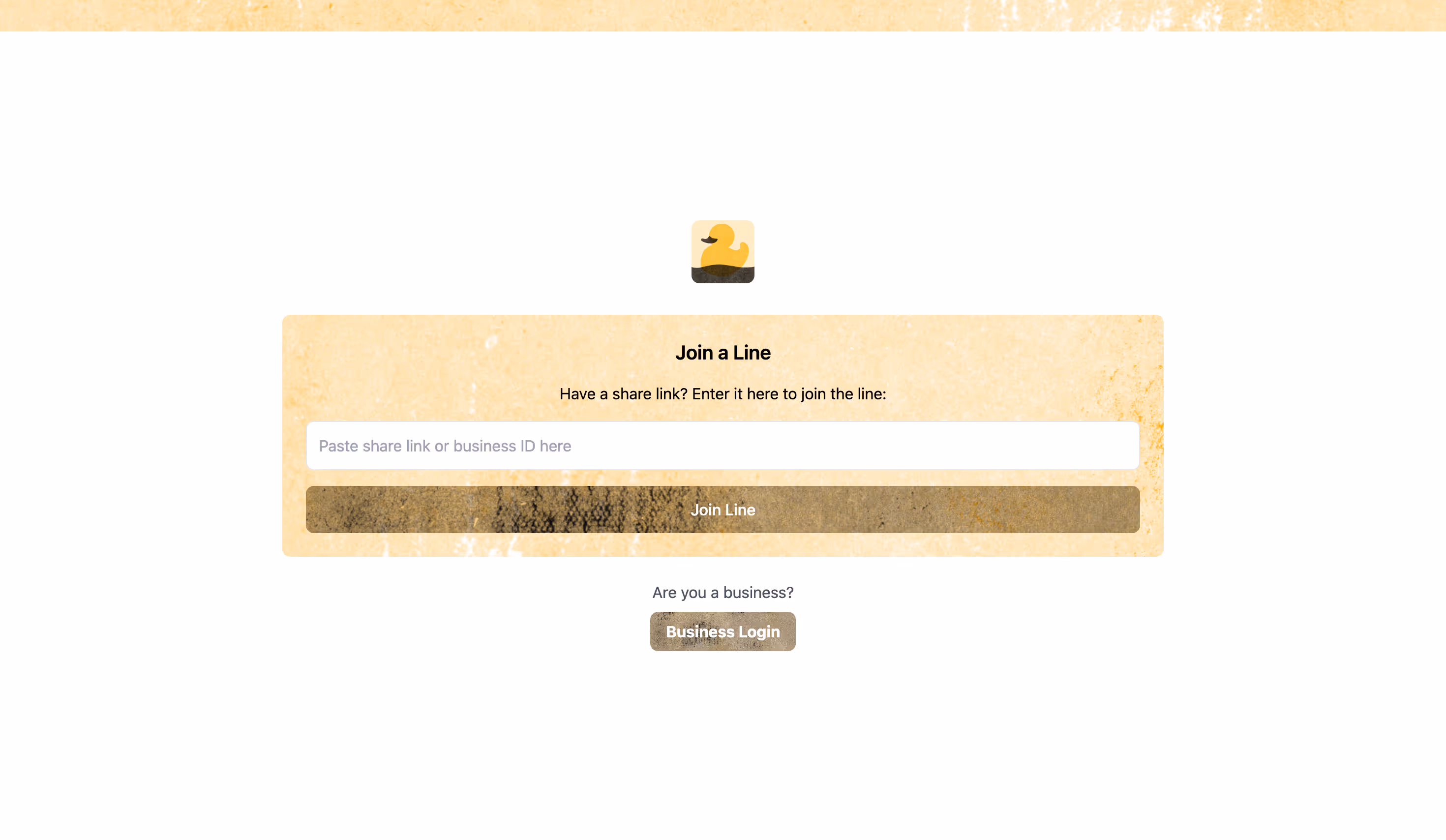 Login screen for Floq with a yellow duck icon, text field to paste a share link or business ID, a Join Line button, and a Business Login button beneath.