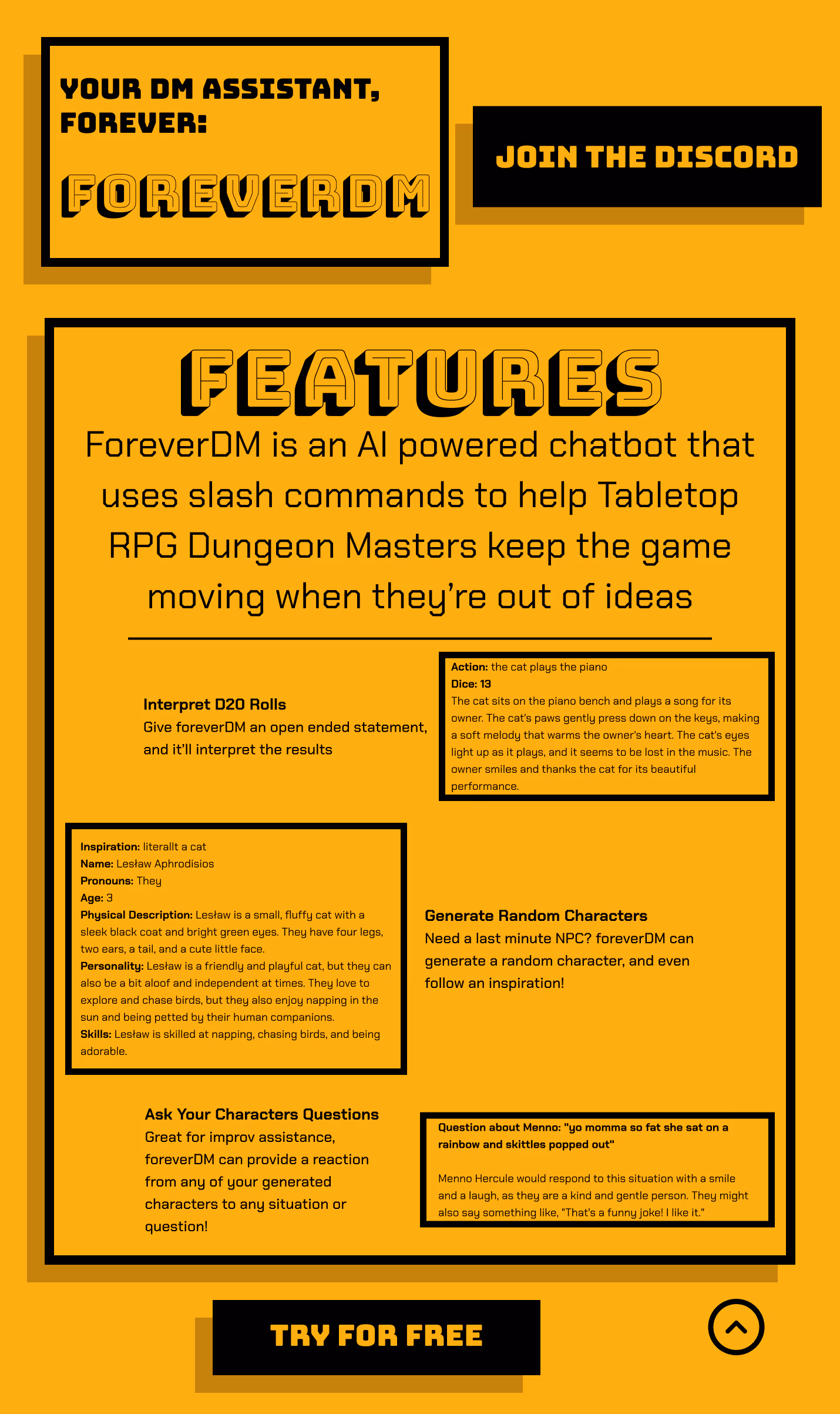 ForeverDM chatbot features on bright orange background, explaining AI assistance for Tabletop RPG Dungeon Masters with slash commands including interpreting dice rolls, generating random characters, and answering character questions.