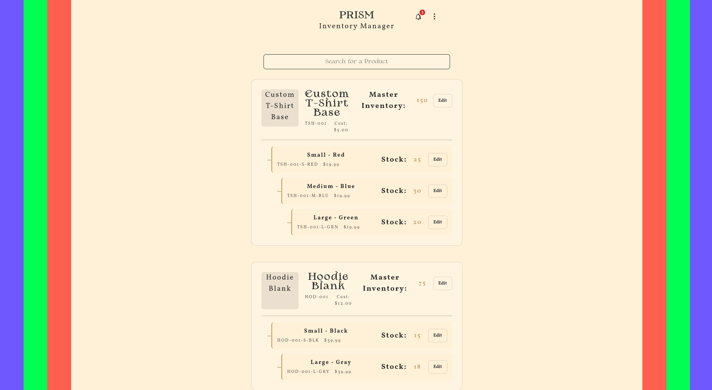 a PRISM Inventory Manager screen