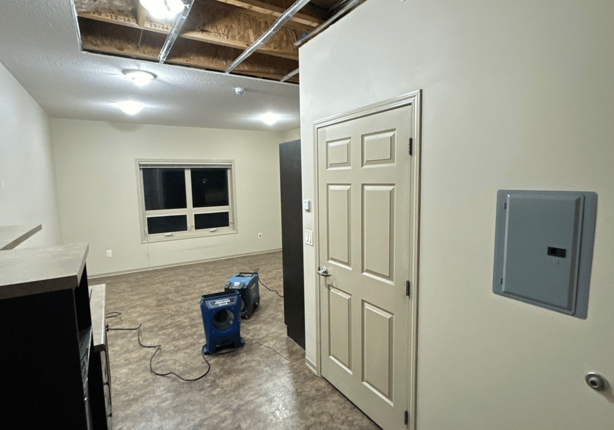 Restoration equipment in a home during water damage remediation Calgary project