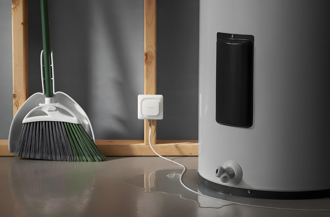 Water pooling near hot water tank, illustrating hot water tank leak cleanup services in Calgary