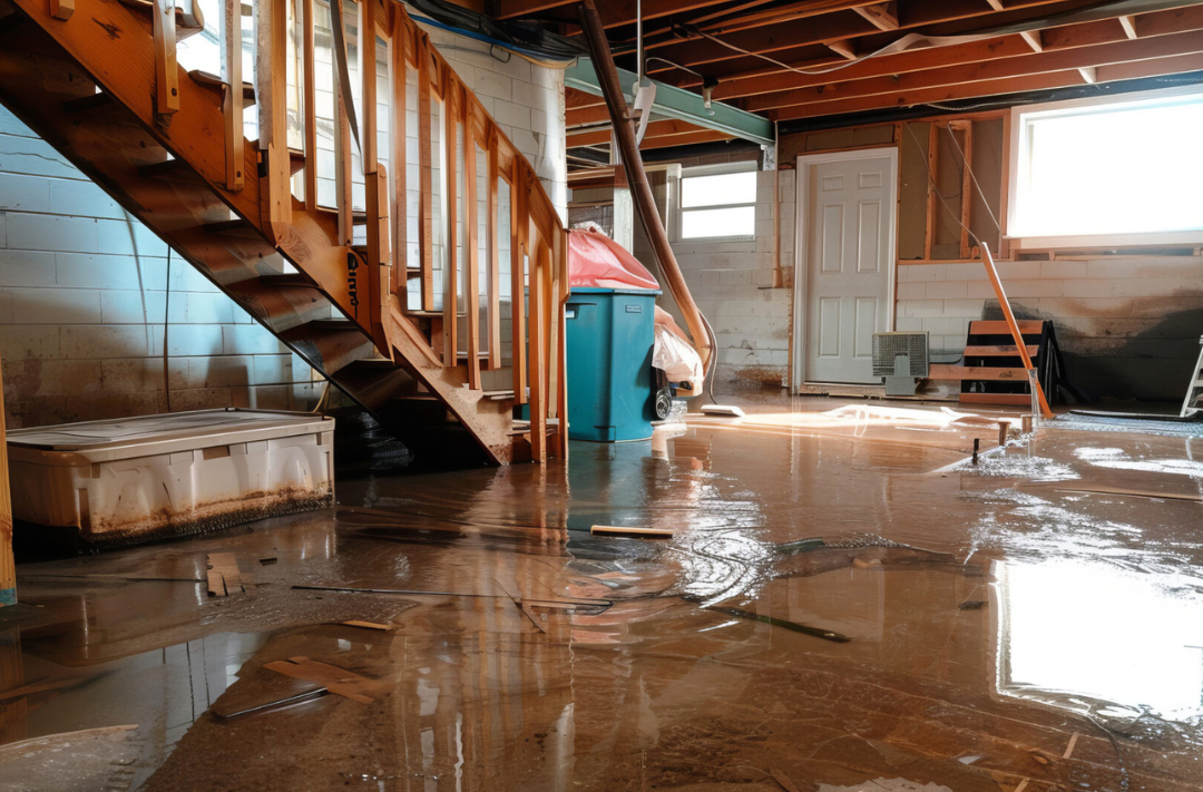 Flooded basement with standing water after storm, illustrating storm flood water removal services in Calgary